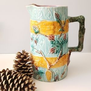 19th Century Antique Mojolica water lemonade Pitcher Aqua Blue Leaf Bark Design